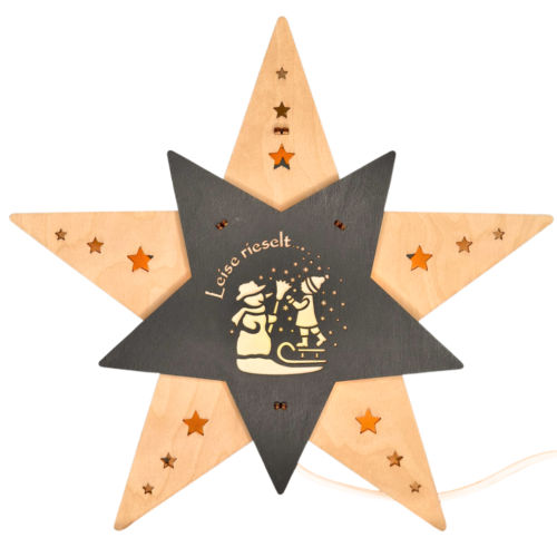 LED Stern aus Holz zum stehen in Grau und NAturt&ouml;nen gehalten. Motiv Kind mit Schneemann mit Schrift zug "Leise rieselt...". Hergestellt im Erzgebirge