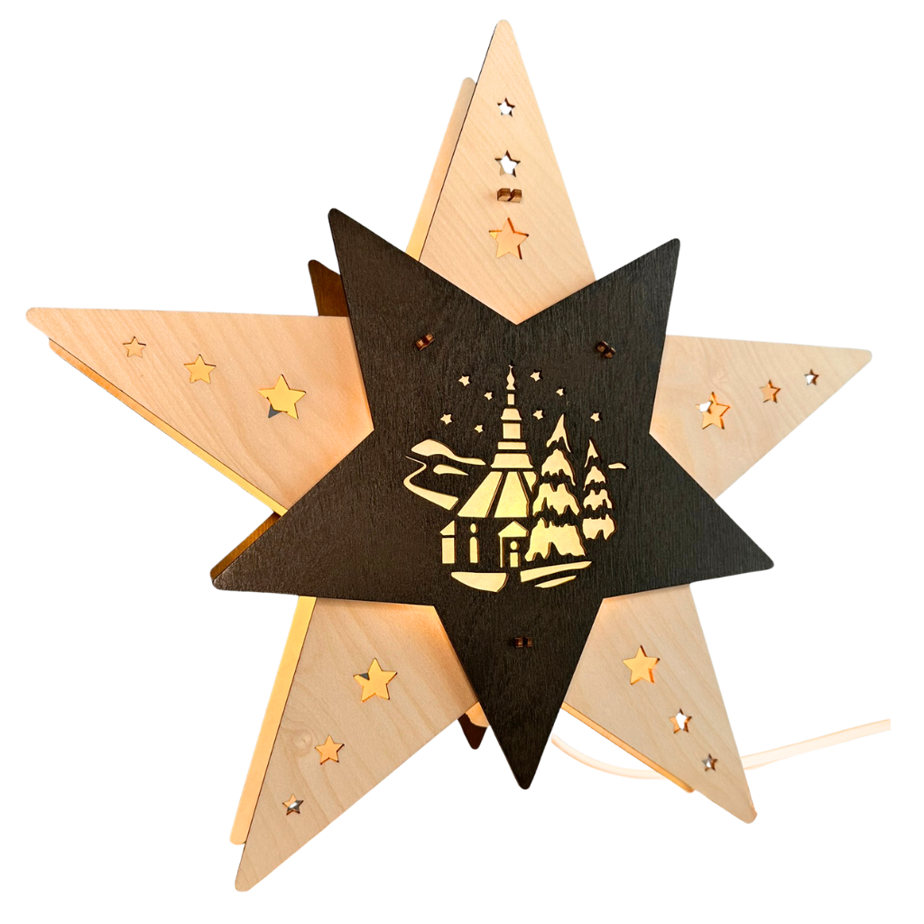 S1SSK stehend Weihnachtsstern Seiffener Kirche LED Natur Braun schräg