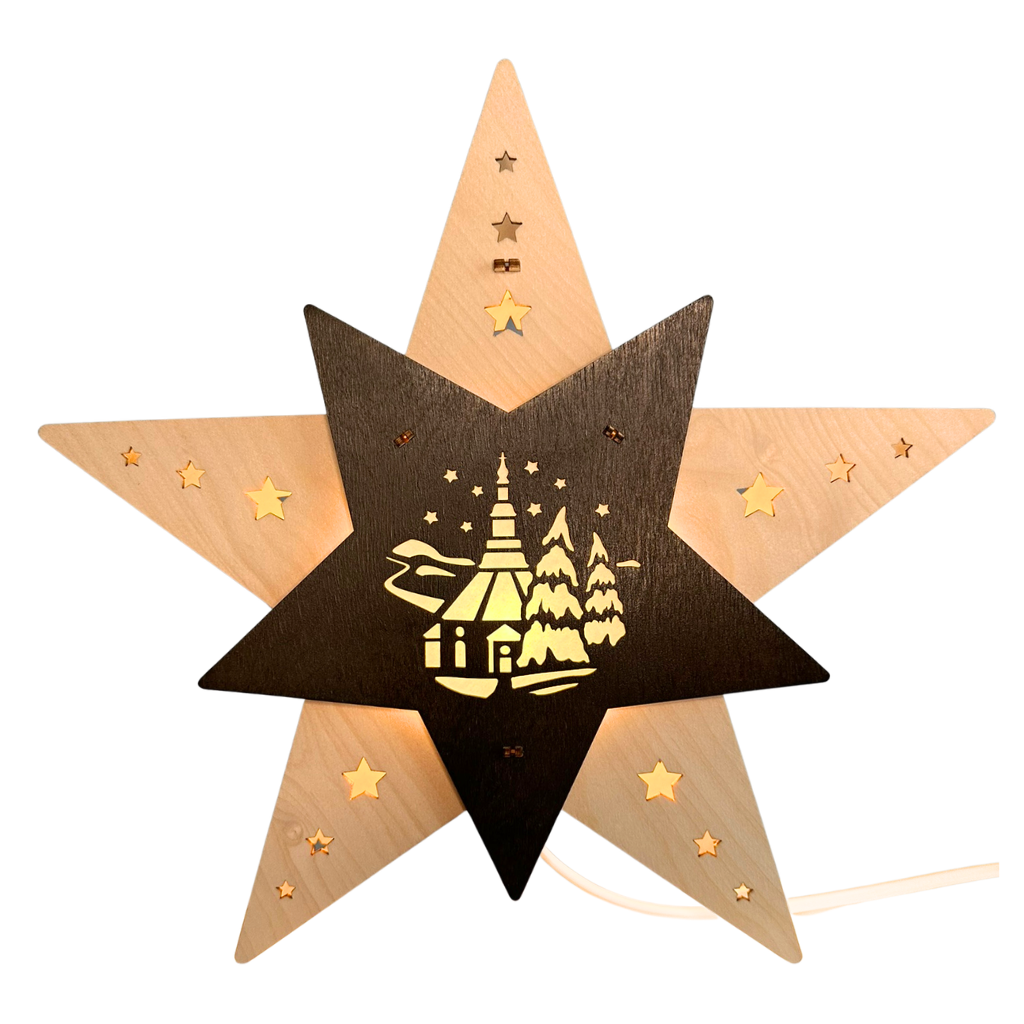 stehend Weihnachtsstern Seiffener Kirche LED Natur Braun Stern LED stehend Motiv seiffener Kirche aus Holz in NAtur und Brauntönen. Hergestellt im ERzgebirge