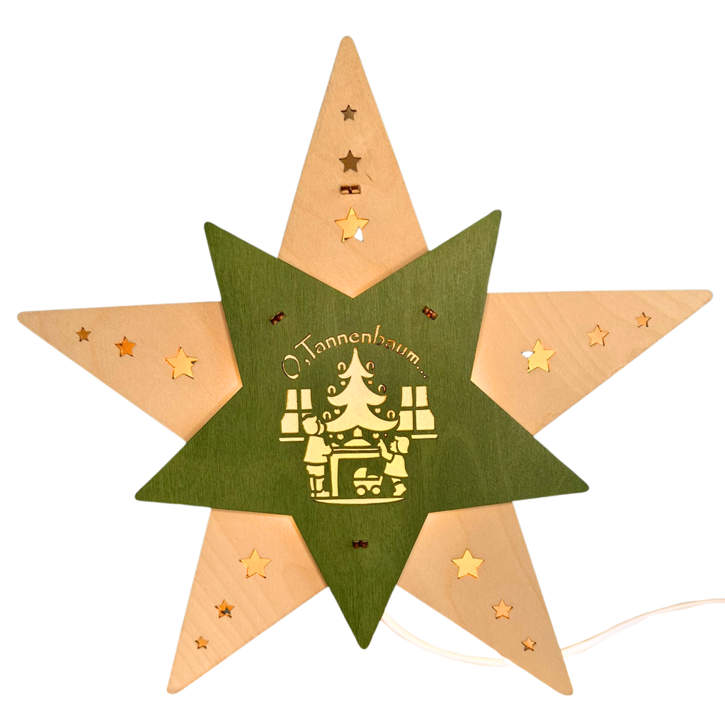 stehend Weihnachtsstern Oh Tannenbaum LED Natur Grün LED Stern aus Holz zum stellen, in Grün und Naturtönen. Motiv beidseitig Kinder schmücken Weihnachtsbaum. Hergestellt im ERzgebirge.