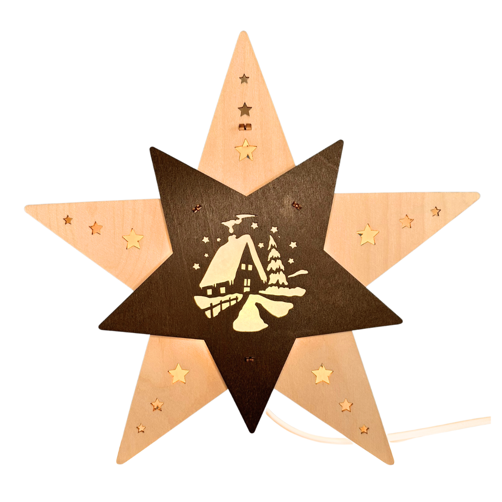 Stehend Weihnachtsstern Waldhütte LED Natur Braun Stern LED zum stellen aus Sperrholz in Natur Braun gehalten. Beidseitiges Waldhütten Motiv. Hergestellt im ERzgebirge