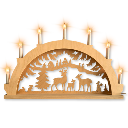 Schwibbogen 7 flammig, hergestellt im Erzgebirge. Motiv. Hirsche im Wald.