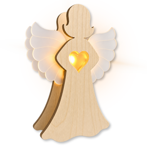 beleuchteter Engel aus Holz und Acrylglas in Natur und weißen Flügeln. LED Beleuchtung. Hergestellt im Erzgebirge.